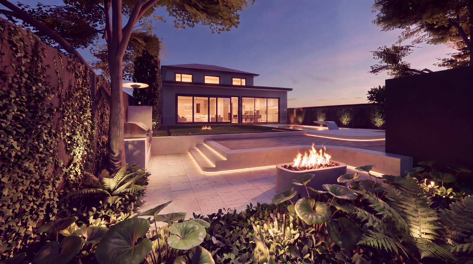 Kensington residence outdoor concept design, evening render