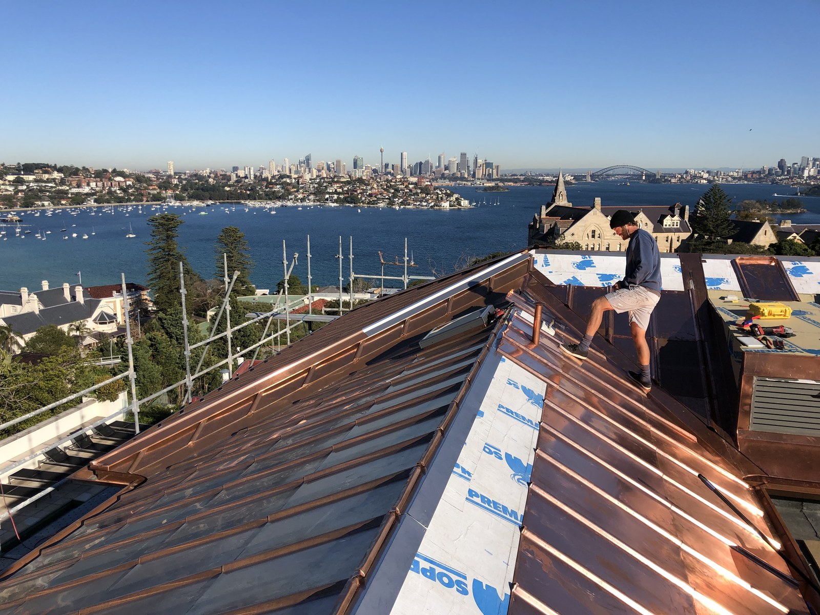 Copper roof installation, Vaucluse, with Sydney Harbour views